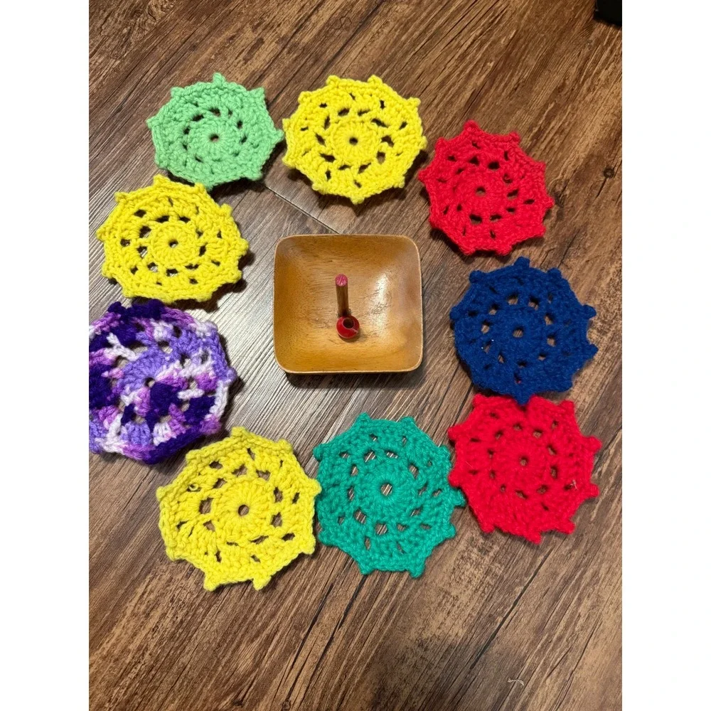 Vintage Handmade Crochet Coaster Set 9 pc Rainbow Star with Wooden Spindle Base